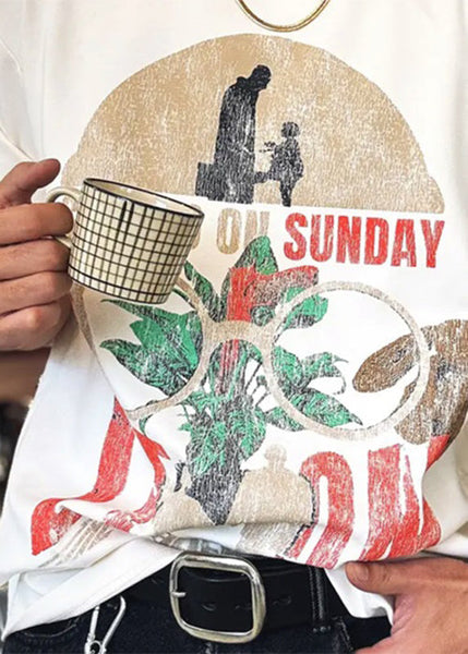 Neck Print T Cotton White Shirts Summer Modern Letter O FashionChic