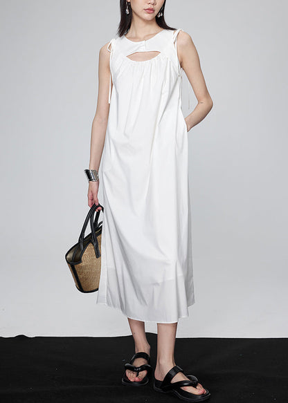 Modern White O-Neck Wrinkled Lace Tie Long Dresses Summer UU1042 SH-LF-SDL240526