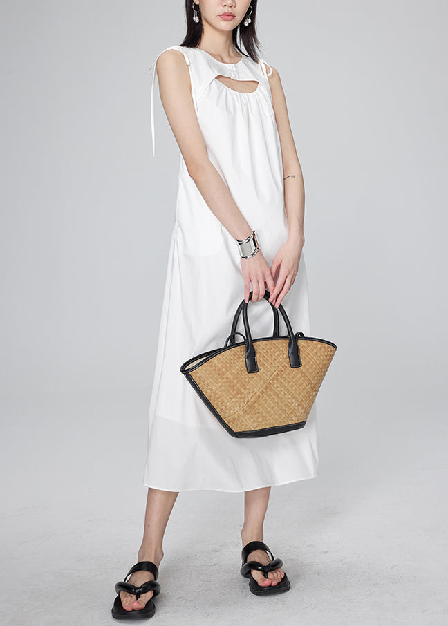 Modern White O-Neck Wrinkled Lace Tie Long Dresses Summer UU1042 SH-LF-SDL240526