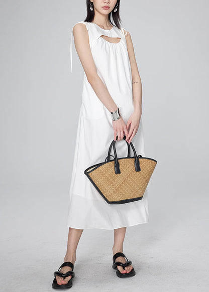 Modern White O-Neck Wrinkled Lace Tie Long Dresses Summer UU1042 SH-LF-SDL240526