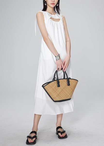 Modern White O-Neck Wrinkled Lace Tie Long Dresses Summer UU1042 SH-LF-SDL240526