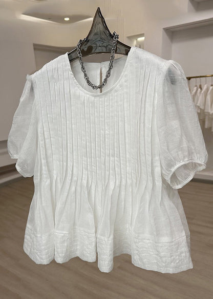 Modern White O-Neck Wrinkled Patchwork Top Short Sleeve VB1074 Ada Fashion