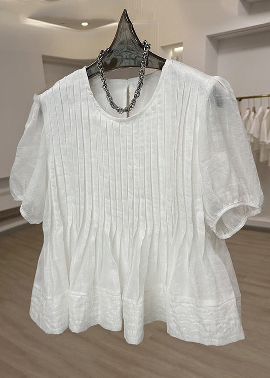 Modern White O-Neck Wrinkled Patchwork Top Short Sleeve VB1074 Ada Fashion