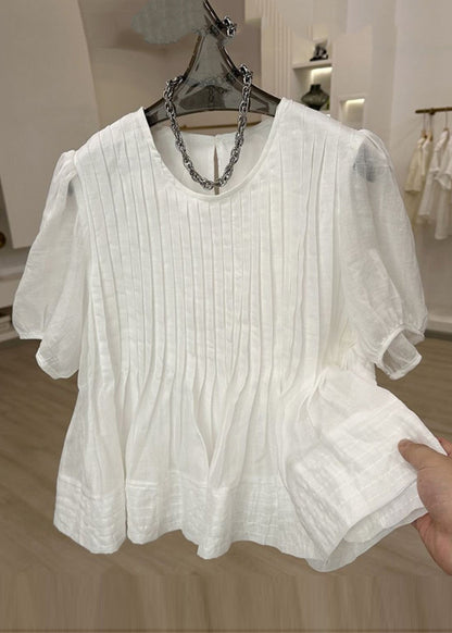 Modern White O-Neck Wrinkled Patchwork Top Short Sleeve VB1074 Ada Fashion