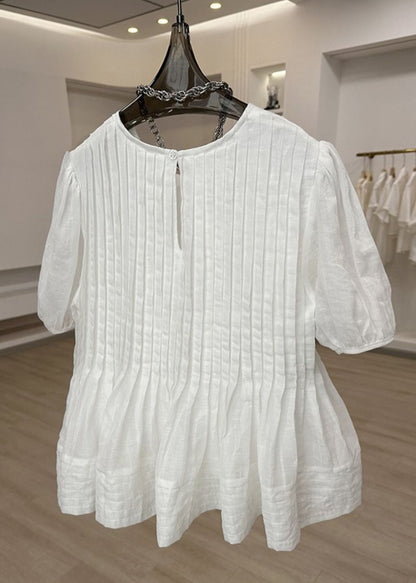 Modern White O-Neck Wrinkled Patchwork Top Short Sleeve VB1074 Ada Fashion