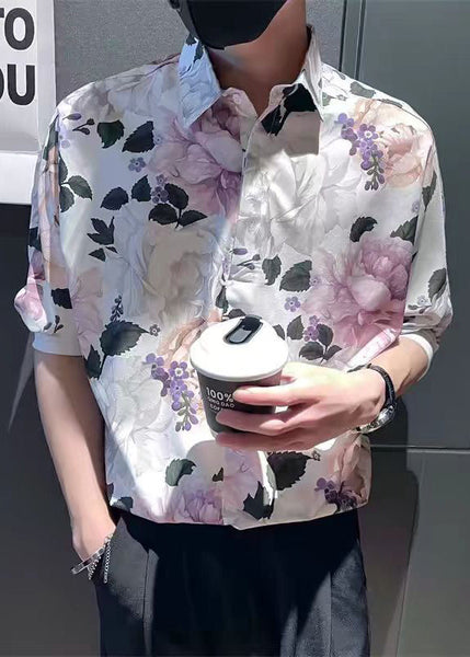 Modern White Peter Pan Collar Print Mens Shirts Summer HG019 Men-Silk-MENSTP240725