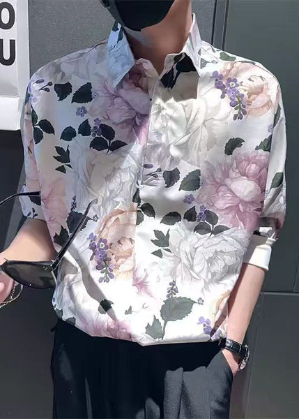 Modern White Peter Pan Collar Print Mens Shirts Summer HG019 Men-Silk-MENSTP240725