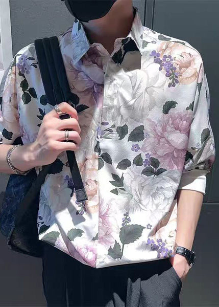 Modern White Peter Pan Collar Print Mens Shirts Summer HG019 Men-Silk-MENSTP240725