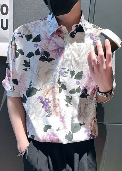 Modern White Peter Pan Collar Print Mens Shirts Summer HG019 Men-Silk-MENSTP240725