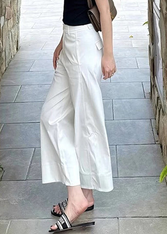 Modern High Crop Summer White Pants Waist Pockets Cotton FashionChic