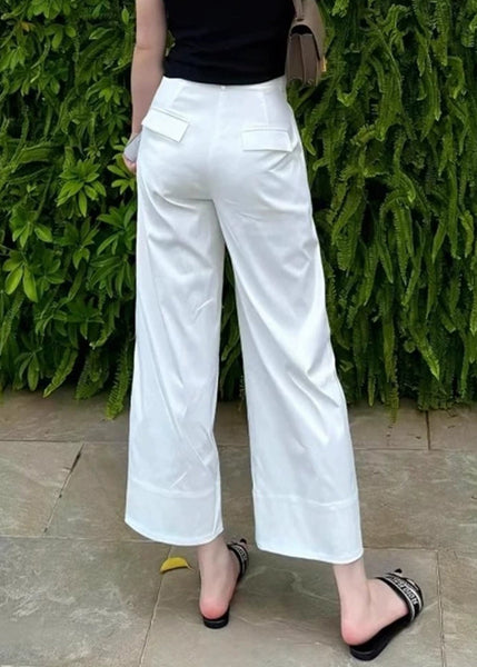 Modern High Crop Summer White Pants Waist Pockets Cotton FashionChic