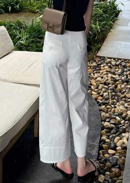 Modern High Crop Summer White Pants Waist Pockets Cotton FashionChic