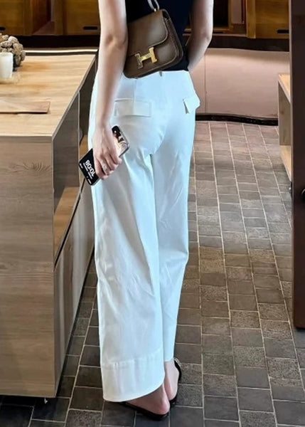 Modern High Crop Summer White Pants Waist Pockets Cotton FashionChic