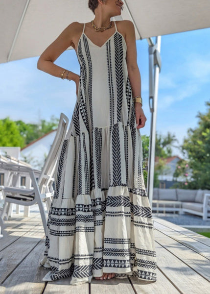 Modern White Print Patchwork Spaghetti Strap Dress Sleeveless VB1042 Ada Fashion