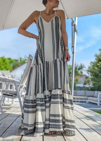 Modern White Print Patchwork Spaghetti Strap Dress Sleeveless VB1042 Ada Fashion