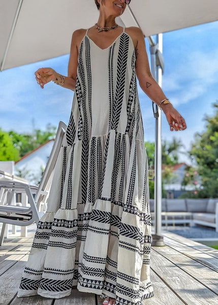 Modern White Print Patchwork Spaghetti Strap Dress Sleeveless VB1042 Ada Fashion