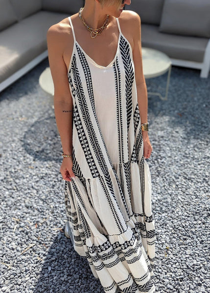 Modern White Print Patchwork Spaghetti Strap Dress Sleeveless VB1042 Ada Fashion