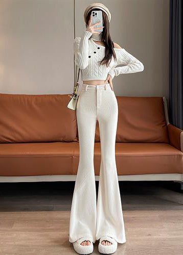 Modern White Silm Fit Cotton Bell-bottom Trousers Spring YP002 ABC