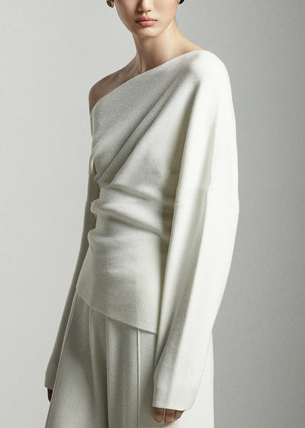 Modern White Slash Neck Woolen Knit Pullover Batwing Sleeve WE002 HS-NTP241028