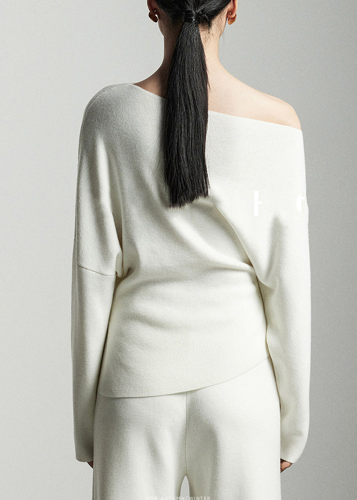 Modern White Slash Neck Woolen Knit Pullover Batwing Sleeve WE002 HS-NTP241028