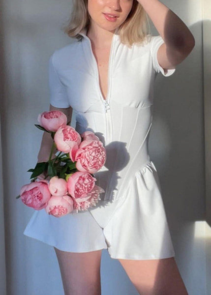 White Stand Modern Zippered Tops Collar Bodysuit FashionChic