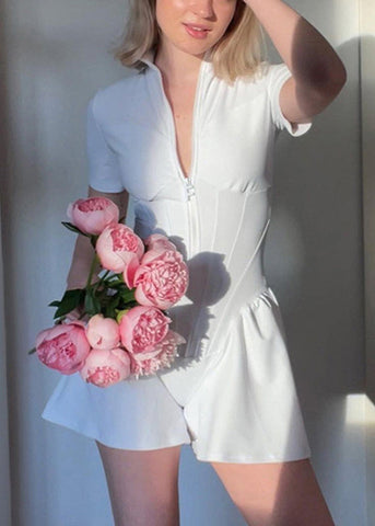 White Stand Modern Zippered Tops Collar Bodysuit FashionChic