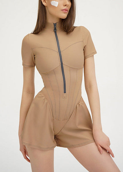 White Stand Modern Zippered Tops Collar Bodysuit FashionChic