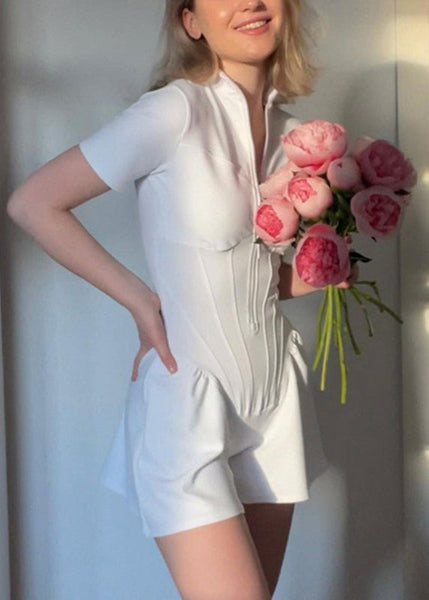 White Stand Modern Zippered Tops Collar Bodysuit FashionChic