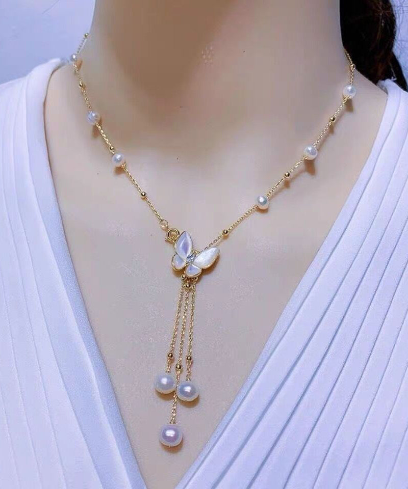 Modern White Sterling Silver Alloy Pearl Butterfly Tassel Pendant Necklace WF026 JEW-NLC241111