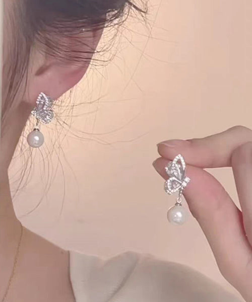 Drop Silver Modern White Out Hollow Zircon Sterling Butterfly FashionChic