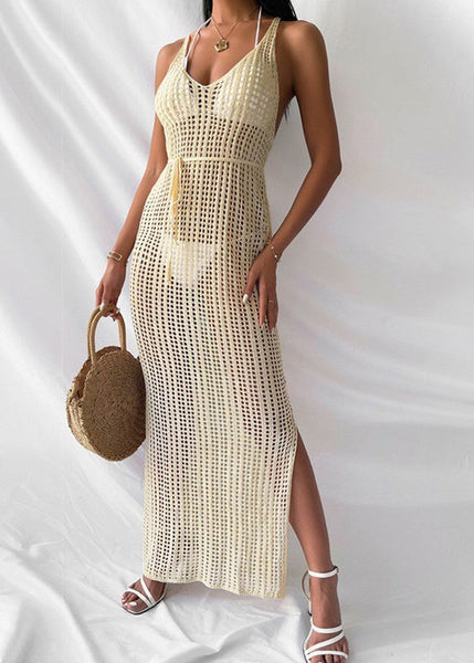 Modern White V-Neck Hollow Out Low High Design Maxi Knit Swimwear Cover Up Dress VC064 WM-Beach-LYQ240615