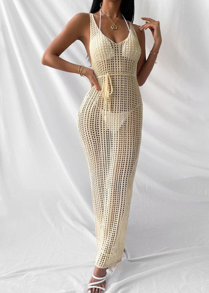 Modern White V-Neck Hollow Out Low High Design Maxi Knit Swimwear Cover Up Dress VC064 WM-Beach-LYQ240615