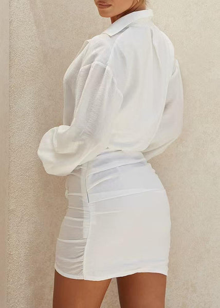 White V Cotton Patchwork Shirt Modern Dress Mini Summer Neck FashionChic