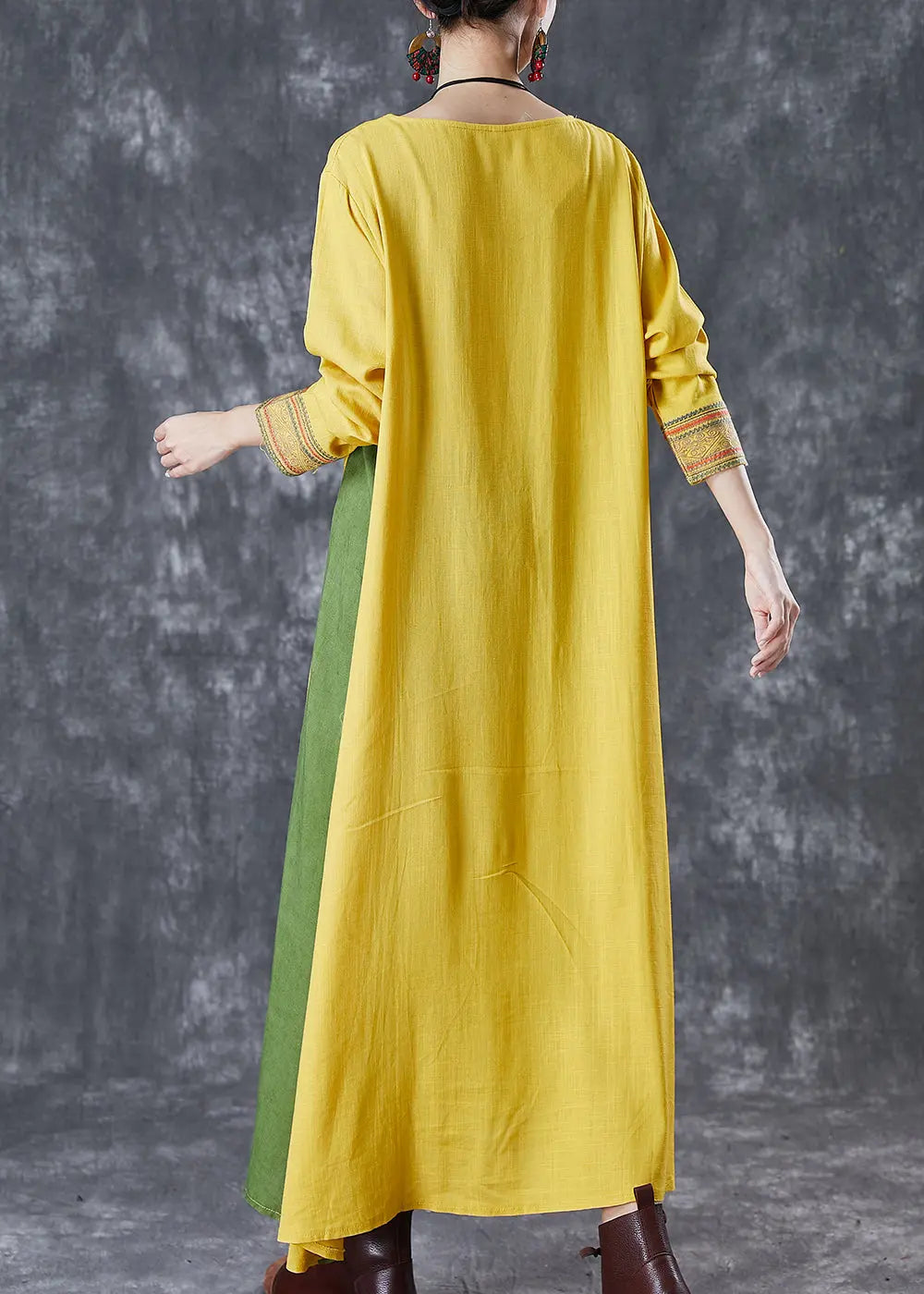 Modern Yellow Embroidered Patchwork Linen Maxi Dresses Spring Ada Fashion