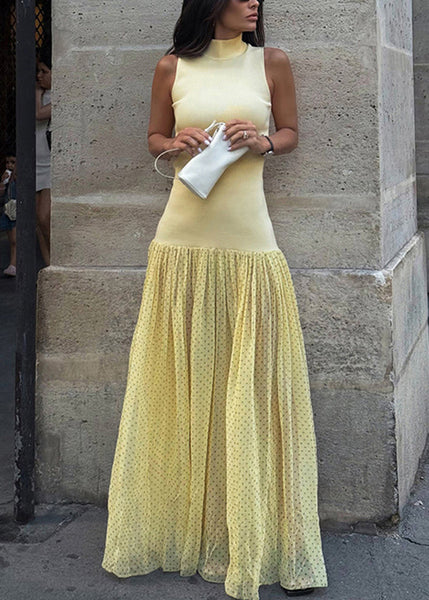 Dress Sleeveless Stand Modern Tulle Patchwork Collar Yellow FashionChic