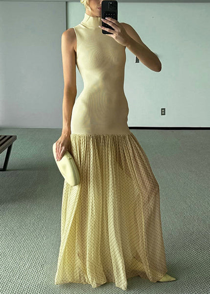 Dress Sleeveless Stand Modern Tulle Patchwork Collar Yellow FashionChic
