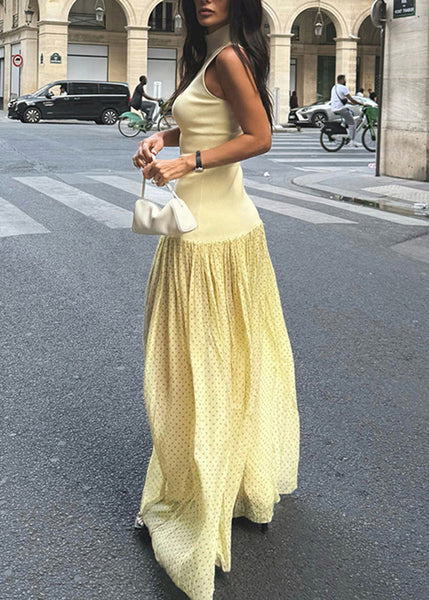 Dress Sleeveless Stand Modern Tulle Patchwork Collar Yellow FashionChic