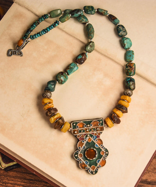 Multicolor Retro Sterling Silver Honey Wax Turquoise Pendant Necklace RG001 ABC