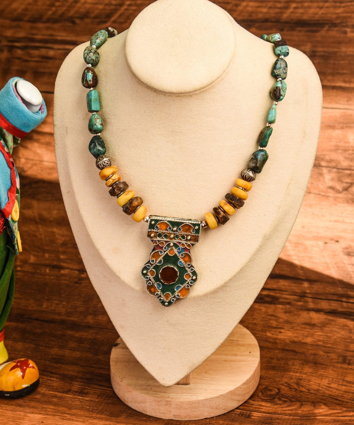 Multicolor Retro Sterling Silver Honey Wax Turquoise Pendant Necklace RG001 ABC