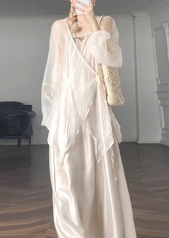 UPF Apricot Lantern Neck Chiffon V 50+ Natural Waist Coat Tie FashionChic