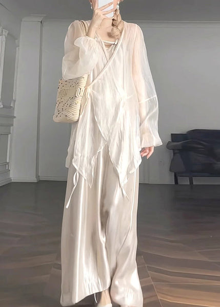 UPF Apricot Lantern Neck Chiffon V 50+ Natural Waist Coat Tie FashionChic