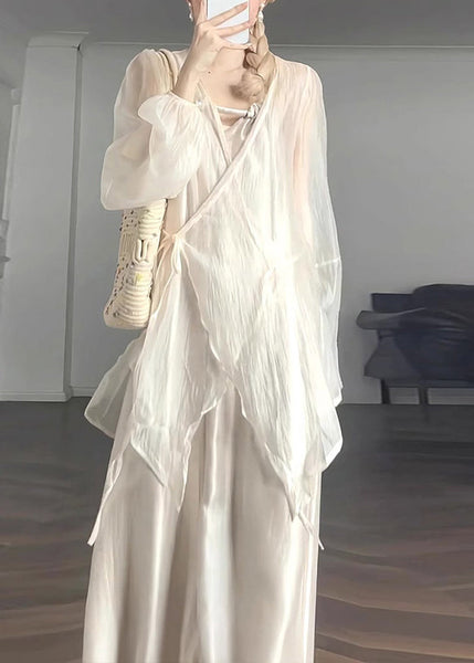 UPF Apricot Lantern Neck Chiffon V 50+ Natural Waist Coat Tie FashionChic