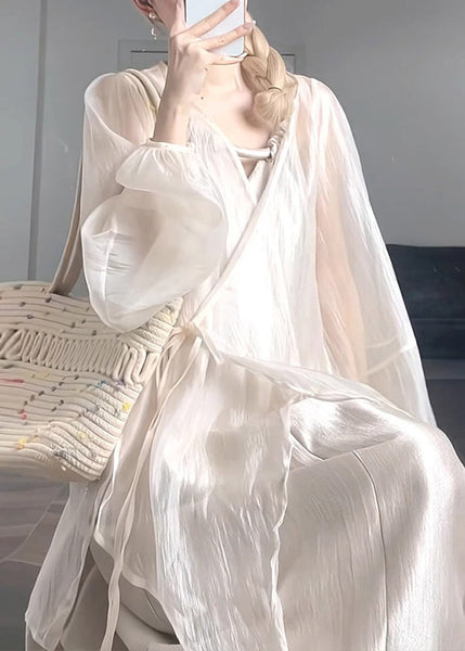 UPF Apricot Lantern Neck Chiffon V 50+ Natural Waist Coat Tie FashionChic