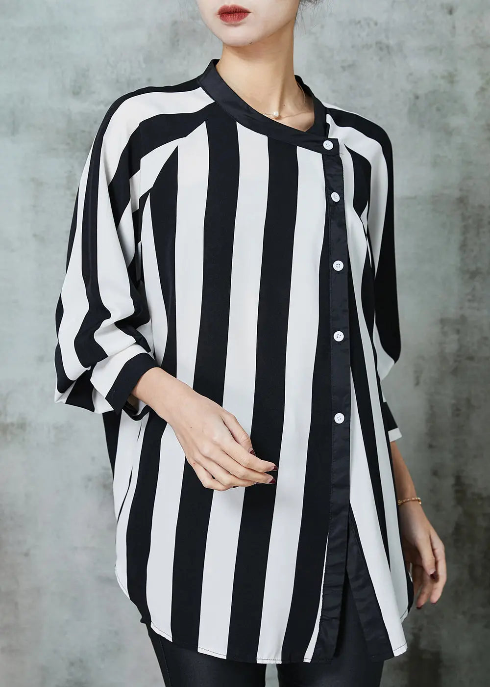 Natural Black Asymmetrical Striped Chiffon Top Spring Ada Fashion