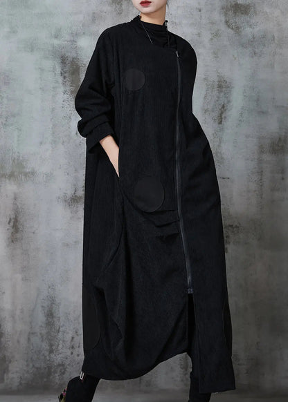 Natural Black Asymmetrical Zippered Cotton Coats Spring Ada Fashion