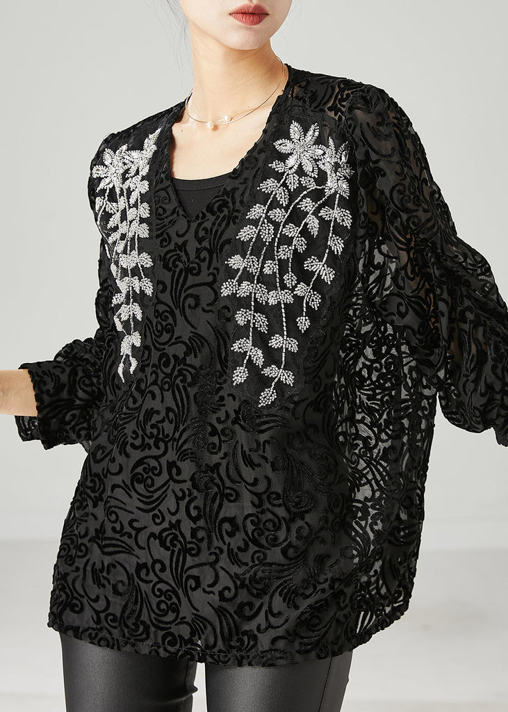 Natural Black Embroidered Jacquard Tulle Shirt Tops Spring YU1049 Ada Fashion