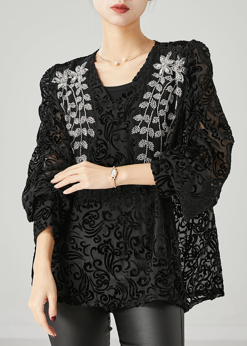 Natural Black Embroidered Jacquard Tulle Shirt Tops Spring YU1049 Ada Fashion