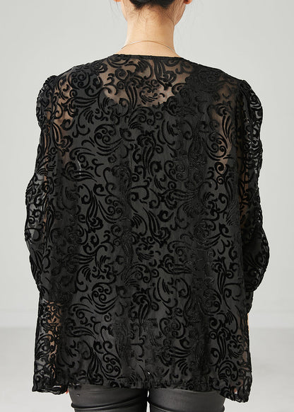 Natural Black Embroidered Jacquard Tulle Shirt Tops Spring YU1049 Ada Fashion