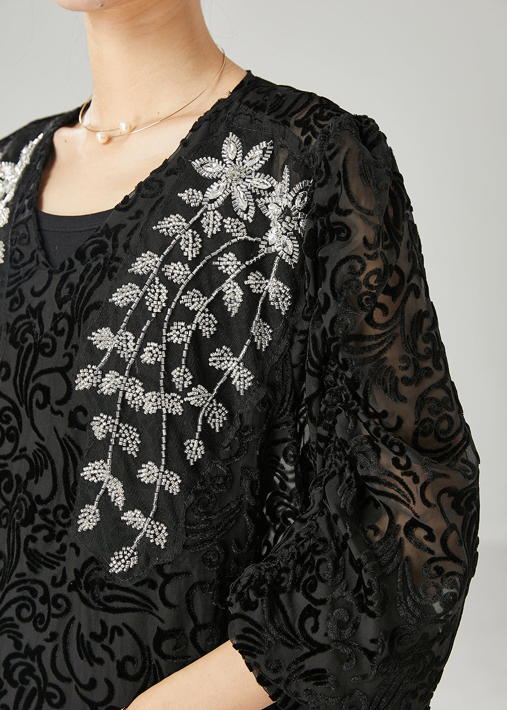 Natural Black Embroidered Jacquard Tulle Shirt Tops Spring YU1049 Ada Fashion