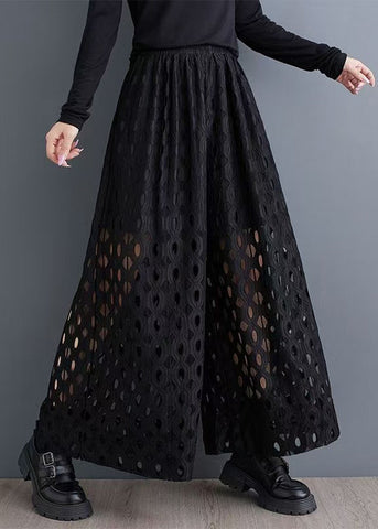 Out Black Natural Hollow Leg Summer Trousers Wide Pants FashionChic
